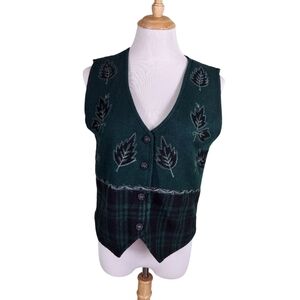 TanTrums Vintage Wool Blend Vest Leaf Plaid Print,  Sz M